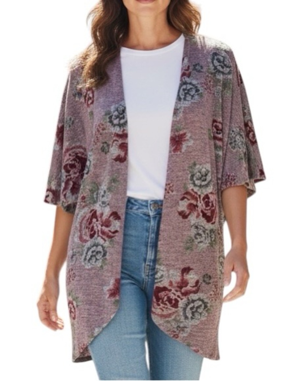 Arizona Jean Company Floral Open-Front Knit Cardigan - Mauve with Rose Accents